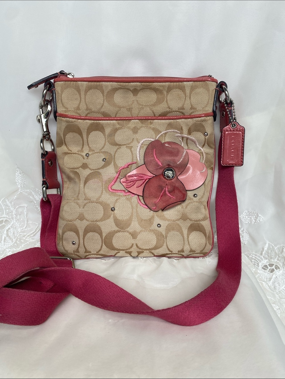Coach Beige Signature Crossbody with Pink Floral Appliqué and Magenta Strap
